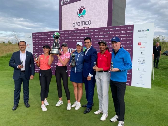 WhatsApp Image 2021-07-11 at 00.09.25 Diksha Dagar (second from right) poses with her team members after winning the Aramco Team Series - London by three shots on Saturday.