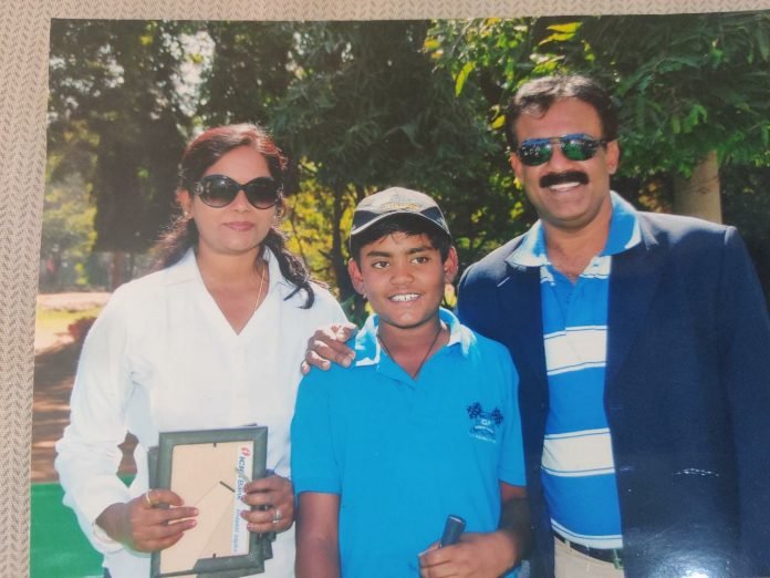 Pro golfer Arjun Prasad with parents Brigadier Nikesh Nandan (retd) and mother Dr Nivedita Verma during a win in the junior days.