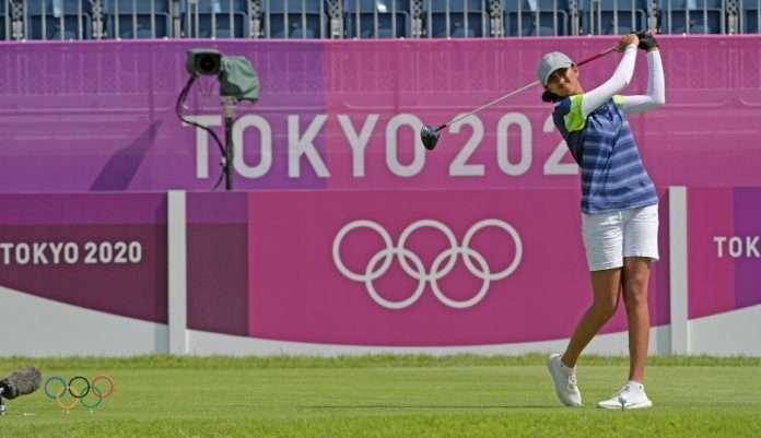 Aditi Ashok shot a flawless 5-under 66 at the Kasumigaseki Country Club on Day 2 of the Olympic women's golf competition. Photo: IGF
