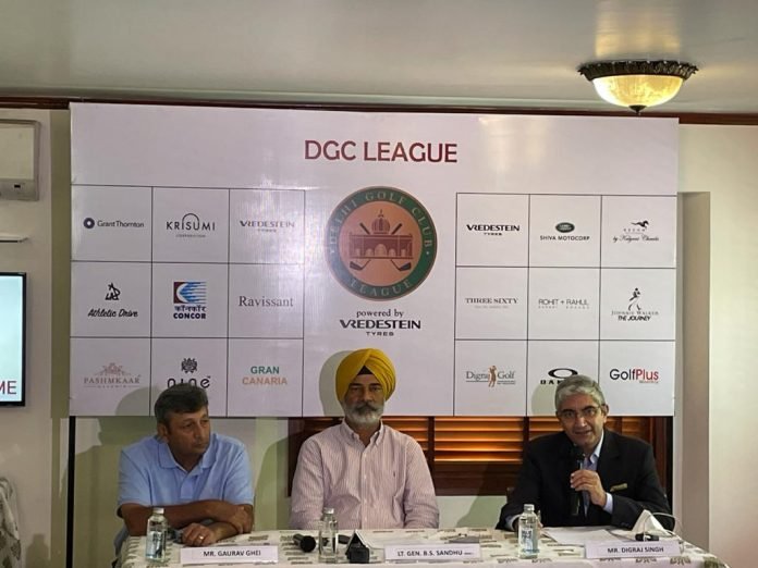 Delhi Golf Club Asian Tour winner Gaurav Ghei (extreme left), Lt Gen Balbir Sandhu (retd), chairman of tournament committee and Digraj Singh Marwah at the announcement of the Delhi Golf Club League on Wednesday.