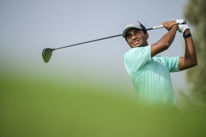 Shubham Jaglan tees off during Round 3 of the 2021 Asia-Pacific Amateur Championship at the Dubai Creek Golf and Yacht Club on Friday. Photo: AAC