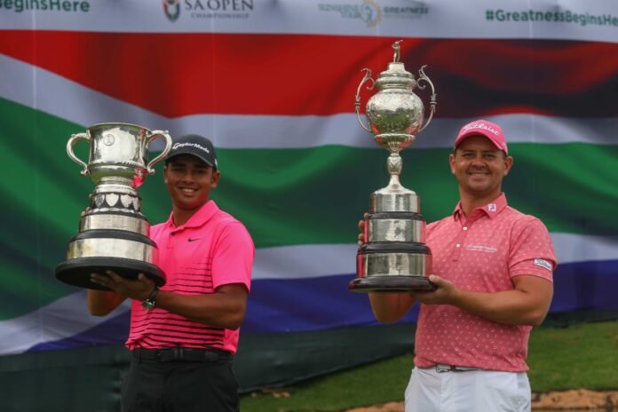 Best amateur Yurav Premlall (left) and Daniel van Tonder with their trophies at the South African Open on Sunday. Photo: Carl Fourie/Sunshine Tour